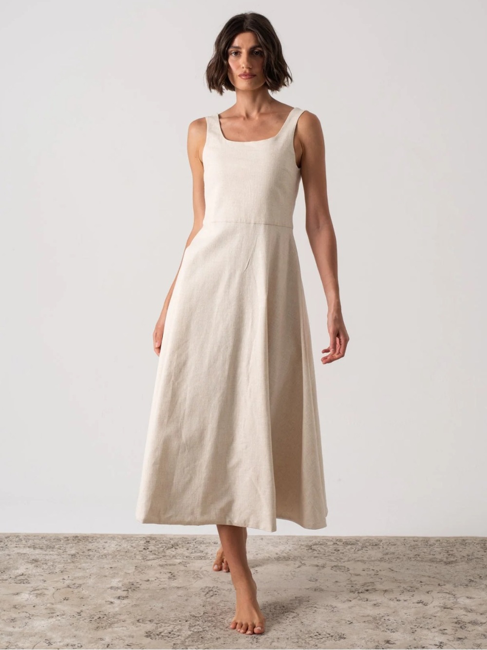 Luxmii Ionia Midi Dress Natural Beige 100% Flax Linen Minimalist Large $349